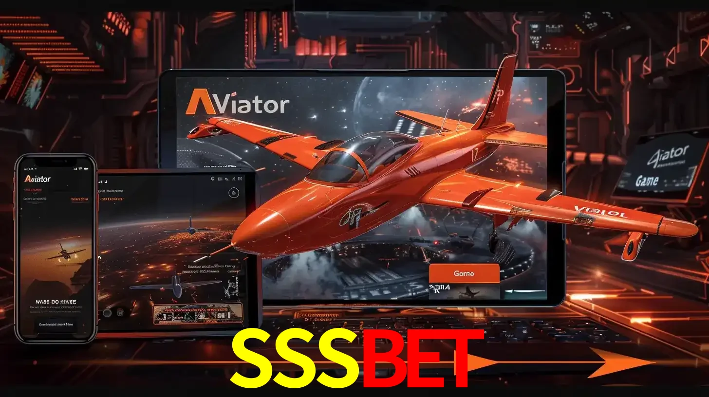 Apresentação tecnológica do jogo Aviator com um avião saindo da tela de um tablet, demonstrando a experiência imersiva em múltiplos dispositivos no SSSBET.