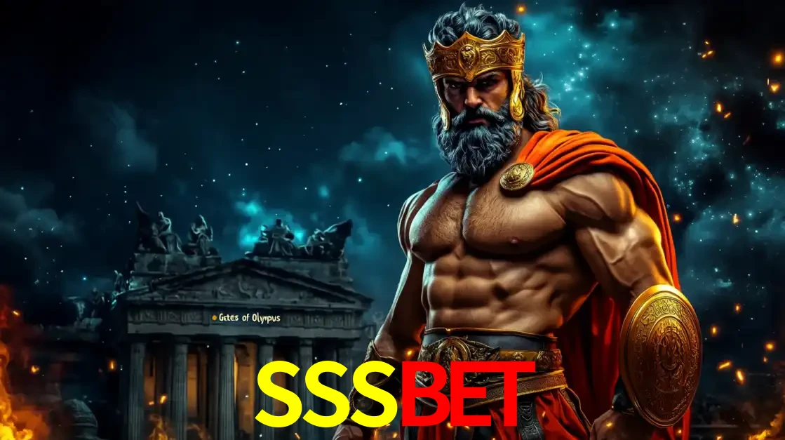 O poderoso Zeus do jogo de slot Gates of Olympus em frente ao seu templo, pronto para lançar multiplicadores divinos e prêmios épicos no cassino online SSSBET.