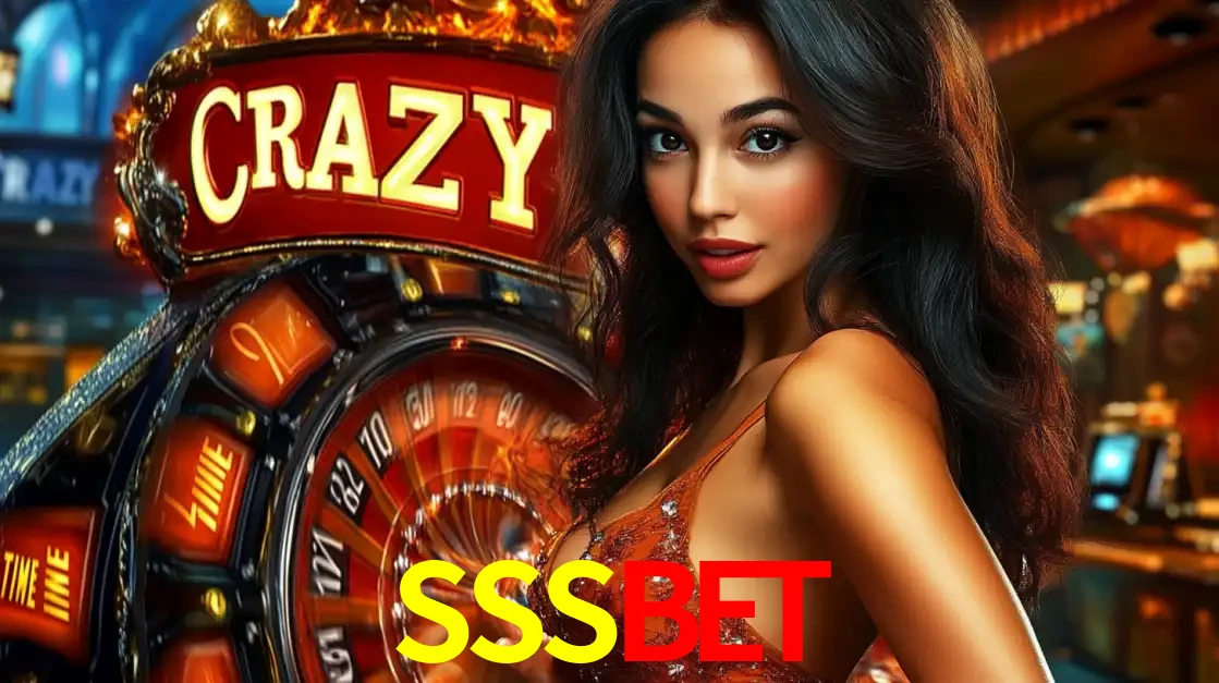 Mulher glamourosa olhando para a câmera com a roda vermelha do Crazy Time ao fundo em um ambiente de cassino, destacando a emoção dos jogos ao vivo no SSSBET.