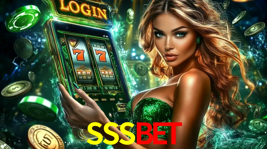 Mulher com tema verde apresentando o aplicativo do cassino SSSBET com um jogo de slot de 777, cercada por fichas de cassino e uma aura de sorte.