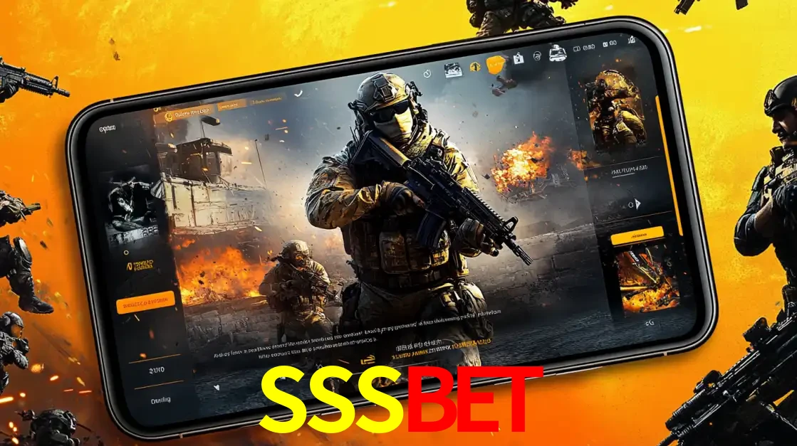 Um smartphone exibindo a interface de um jogo de tiro em primeira pessoa, com um soldado em um cenário de batalha, representando a ação dos e-sports para apostar no SSSBET.
