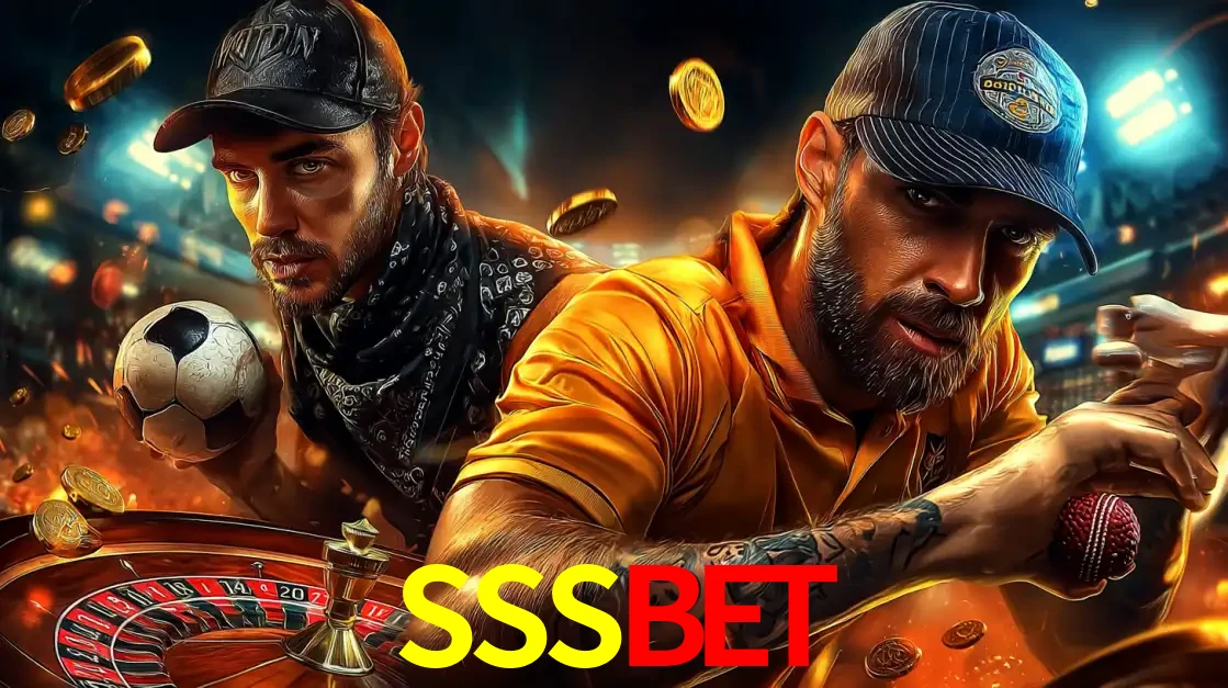 Montagem de apostas esportivas e cassino no SSSBET, com um homem segurando uma bola de futebol e outro uma de beisebol sobre uma roleta e moedas voadoras.