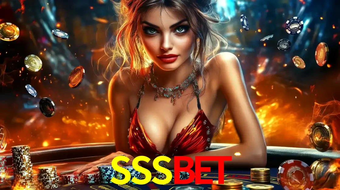 Mulher em uma mesa de cassino com pilhas de fichas e um fundo de fogo, pronta para uma rodada de altas apostas nos jogos de mesa emocionantes do cassino SSSBET.